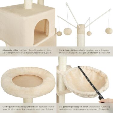 Тектейк® Крізьоверх XXL для котів, великий, з аксесуарами: лежанки, гамак, будиночок, іграшки, мотузка з сизалю, ствол для дряпання, котячий комплекс, котячий дряпкач, висота приблизно 165 см - сірий (Бежевий | № 402932)