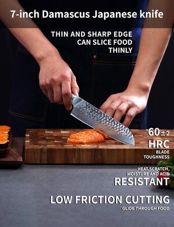 Японський ніж Сантоку 18 см Sanmuzuo Yao серія - ніж для кухні з дамаської сталі та дерев'яної ручки