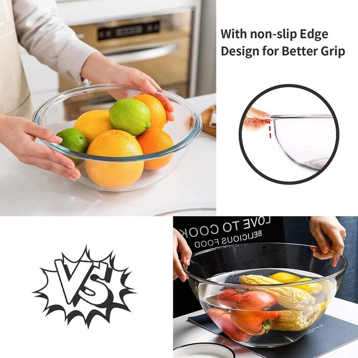 Set of 4 Glass Bowls with Lids (0.95L, 1.5L, 2.4L, 3.5L), Large Round Salad Bowls, Baking Bowls, Microwave and Dishwasher Safe for Mixing, Storing, and Serving