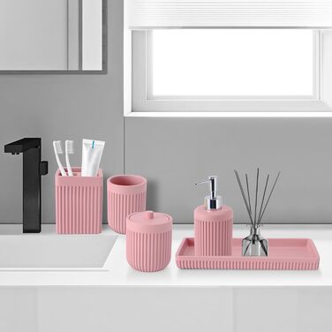 Набір аксесуарів для ванної кімнати XLHOMO, 5 шт. з штучного каміння: дозатор для рідкого мила/лосьйону, тримач для зубних щіток, чашка, контейнер для ватних паличок та органайзер для косметики, рожевий