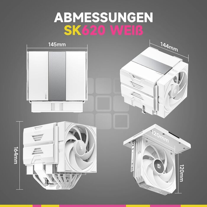 Кулер для процесора Sudokoo SK620 White (AM5): двосекційний повітряний охолоджувач з цифровим дисплеєм, 6 теплотрубками та 2 вентиляторами PWM FDB 120мм, білий