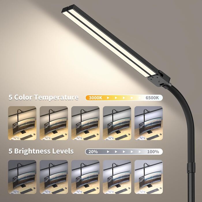 LED лампа для столу Doppelkopf з регулюванням яскравості, 24W, 80см, 5 температур кольору, 5 рівнів яскравості, для роботи, дому, офісу, навчання та читання, чорна
