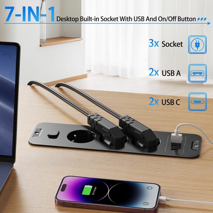 Мережевий фільтр 5 розеток з індивідуальним вимикачем, з 2 USB-A та 2 USB-C, розгалужувач розеток 5 розеток зі switch, мережевий фільтр настінний з 2м кабелем, PD 20W - (3 розетки 4 USB, Чорний)