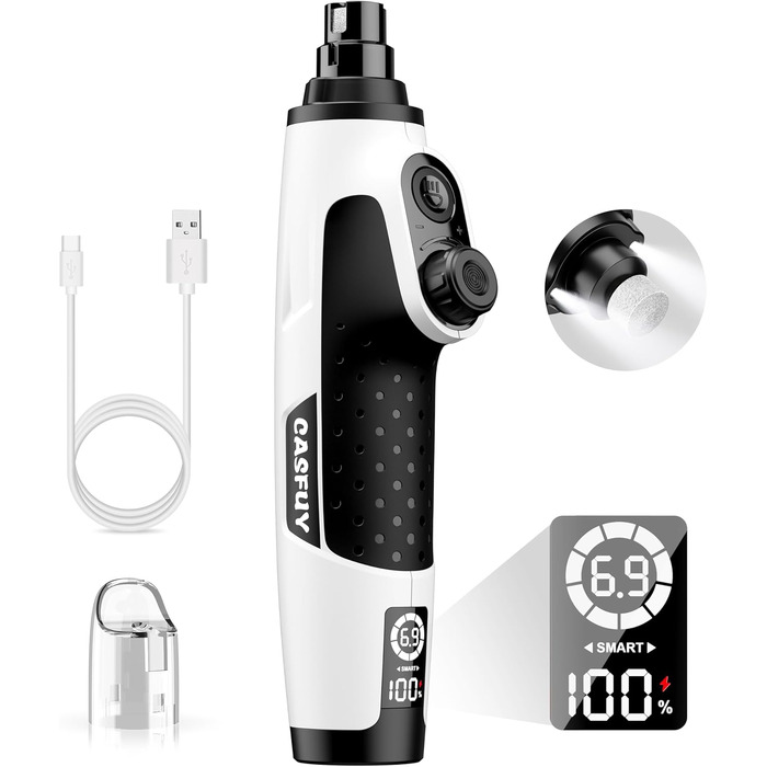 Шліфувальник кігтів для собак Casfuy Smarter Krallenschleifer 6-ступінчатий – 50% потужніший, з 2 LED-лампами, тихий, акумуляторний, для собак та котів великих, середніх та малих порід, білий