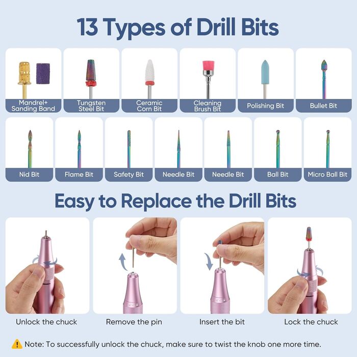 Електричний апарат для манікюру та педикюру з 15 насадками та 30 шліфувальними стрічками. Регулювання 0-35000 об/хв. Портативний.