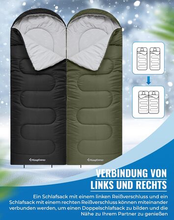 Сплячий мішок KingCamp Oasis для кемпінгу, 3-4 сезони, водовідштовхувальний, легкий, для дітей та дорослих, з можливістю з'єднання, для подорожей та активного відпочинку, оливковий, Zip 220×75 см