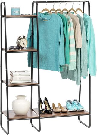 Iris Ohyama Clothes Rack with Wooden Shelves, 4 Levels, White, Modern Design, Robust Frame, Non-Slip, For Bedroom, Studio, Closet, Clothes & Shoes, Laundry Rack, Easy Assembly, (Black, 2 Shelves + Panels)