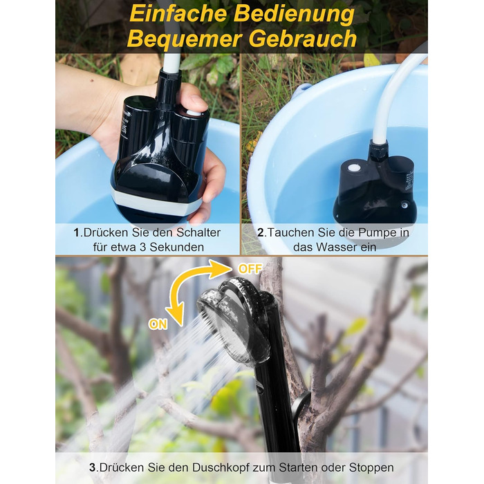 LIBERRWAY Camping Shower with Pump, Camping Shower Set with Rechargeable Battery, 2m Shower Hose Outdoor Shower for Garden Beach Camping Travel Car Washing, Mobile Shower Black (black-2 Batteries)
