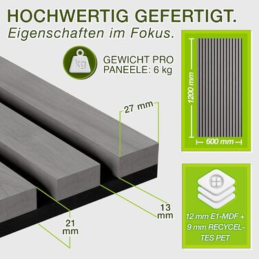 Акустичні 3D-панелі з дерева TRESKO для шумоізоляції стін, 120×60×2,1 см, колір Дуб сірий (набір 2 шт.) з вішалками для одягу
