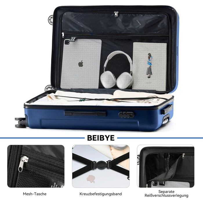 Чохол-валіза Beibye з кодовим замком, 4 колеса (чорний, смарагдово-синій), набір валіз