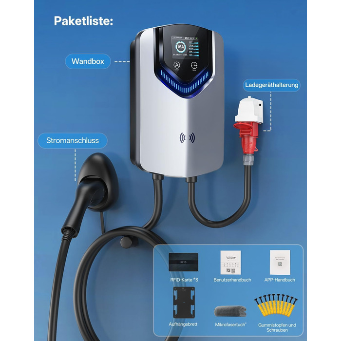 Wallbox 11 кВт з APP та RFID – Зарядний пристрій для електромобілів Typ 2 400V, 6-16A, кабель 8м з тримачем, RCD Typ B, IP54, програмування часу – для BEV/PHEV