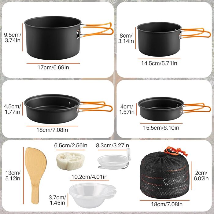 Набір посуду для кемпінгу FunyKich 17 предметів: каструлі, сковорідки, чашки, столові прибори. Підходить для 2 осіб, пікніків та походів.