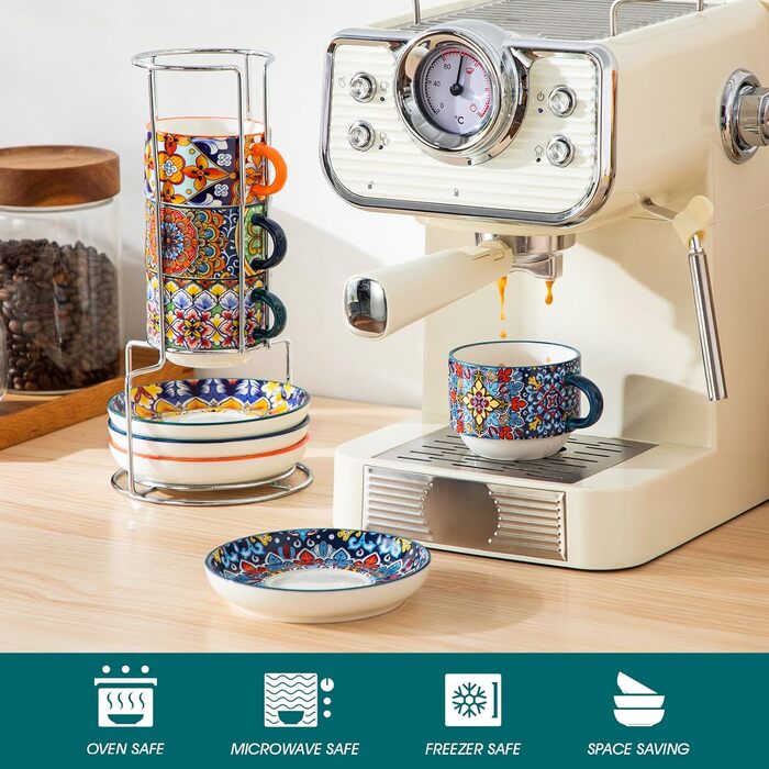 Набір чашок для еспресо Vancasso 4 шт., 150 мл SIMI: чашки з підставками та стійкою, керамічні, для капучино, еспресо, лате