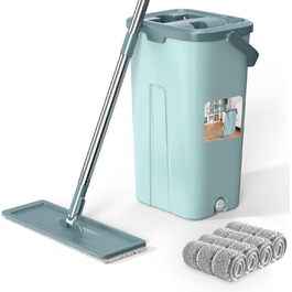 Швабра з відром Aifacay – покращена модель, безкоштовне натискання, гнучкий на 360° наконечник з 3 мікрофібровими накладками, подовжена ручка з нержавіючої сталі 150 см для миття підлоги