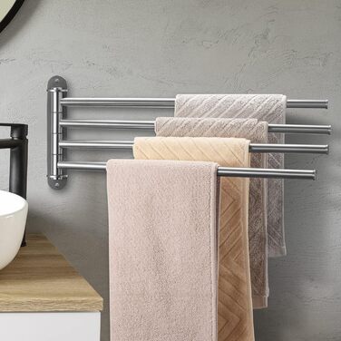 Тримач для рушників у ванну кімнату з 3-ма перекладинами, поворотний, з 3-ма кріпленнями, 40 см, нержавіюча сталь, монтаж на стіну, срібний (тримач для рушників з 4-ма кріпленнями)
