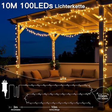 Ланцюжок прикрас Hopexy 10 метрів, 100 LED, тепле біле світло, з пультом, таймер, IP44, 8 режимів, для дому, саду, балкону, весілля, кемпінгу