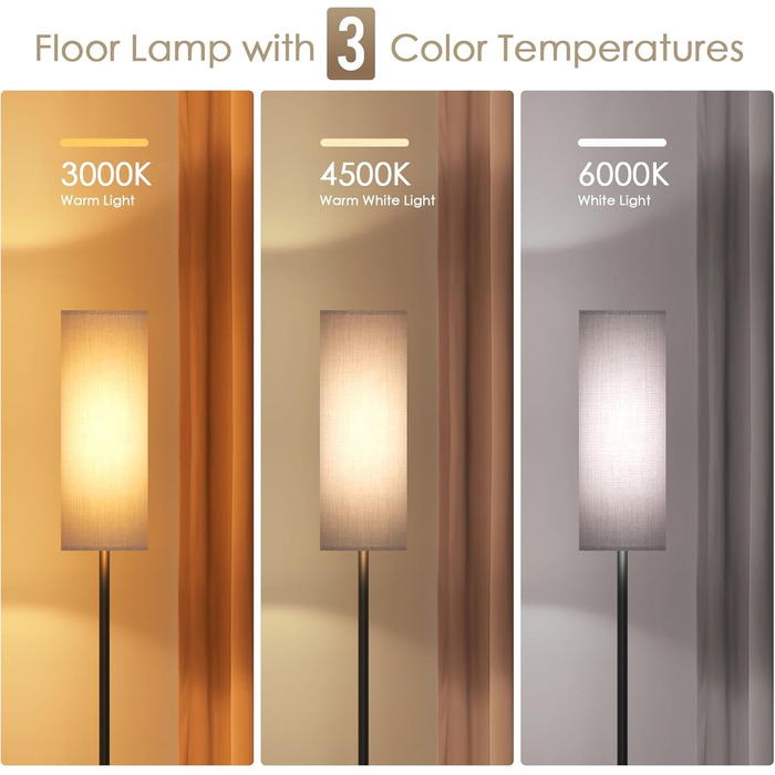 Світлодіодна торшерна лампа 9W з регулюванням яскравості, 3 колірні температури, тканинний абажур, вимикач на нозі, вінтажний дизайн, сірий колір