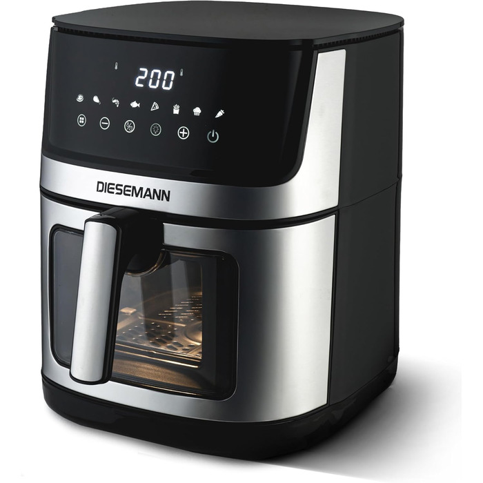 Фритюрниця повітряна DIESEMANN XXL 7.3L – 2000W з 2 нагрівальними елементами (верхній та нижній нагрів), вікно огляду та 8 програмами – для смаження, випікання та грилю без олії