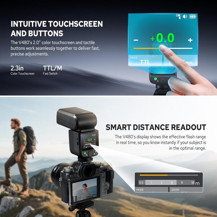 Спалахувач Godox V480F TTL для камер Fujifilm, сенсорний екран, гнучкий поворотний наголовник, дифузор, GN50, HSS 1/8000s, до 650 спалахів на повній потужності, час перезарядки 1.7 сек.