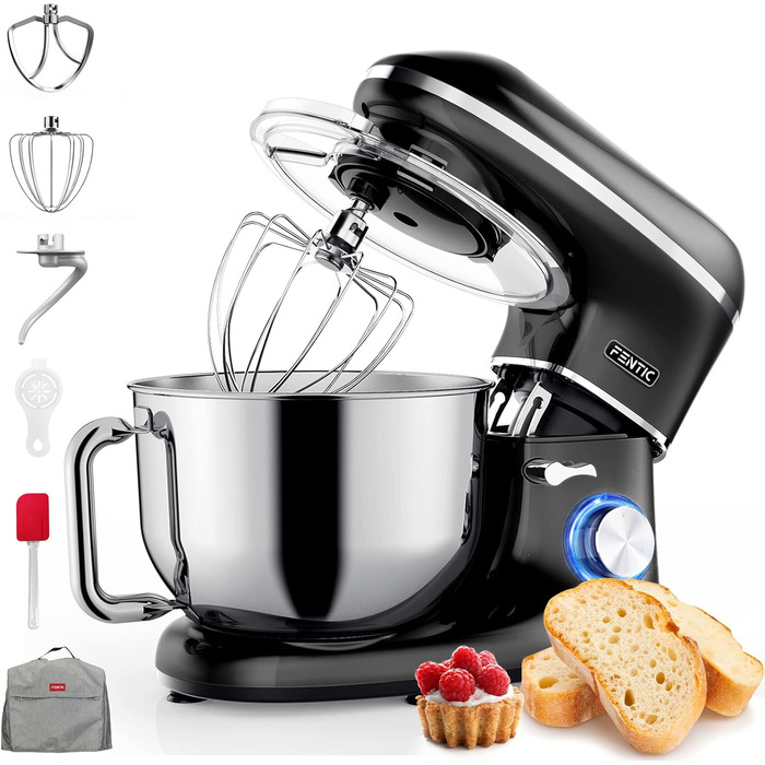 Fentic Stand Mixer - 2000W - Stainless Steel Mixing Bowl (6.2 L) - Stand Mixer with Dough Hook, Beater Hook, Whisk, and Splash Guard - Includes Additional Accessories - Black