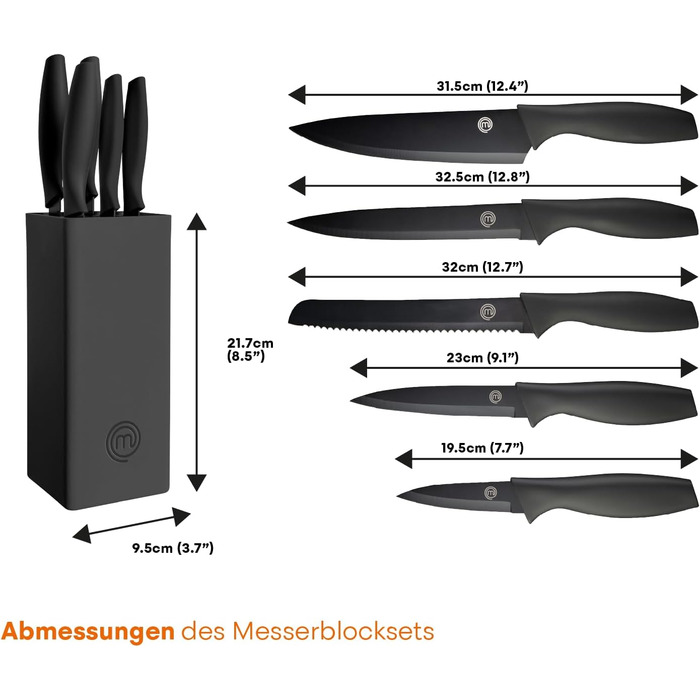 MasterChef 5-Piece Knife Block Set - Stainless Steel Chef's, Santoku, Bread, Utility & Vegetable Knives with Soft-Touch Grips