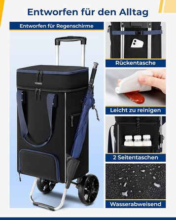 Тролей для покупок Ytonet: складаний, з відділенням для охолодження, 55 літрів, 68 кг, 3-в-1 (сумка-тележка, сумка для покупок), чорний