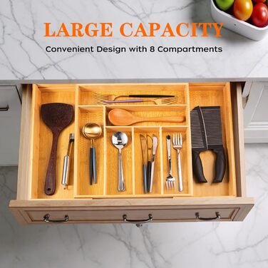 Органайзер для столових приборів бамбуковий висувний для шухляди 33-52 x 43 x 5 см, 6-8 відділень, пластиковий лоток для кухні