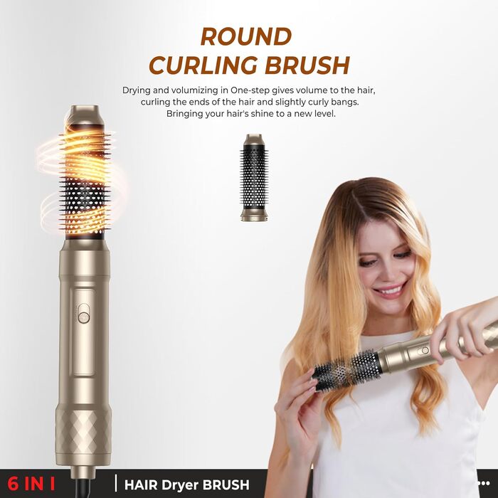 Air Styler 7-в-1: Фен-щітка, плойка, випрямляч. Зібрано 7 функцій у 1 золотому приладі. 110 000 обертів/хв, іонізація, складне зберігання. Ідеально для створення зачісок, локонів та випрямлення волосся.