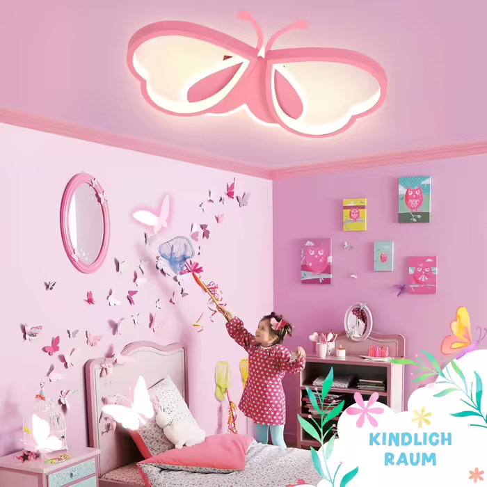 LED Butterfly Ceiling Lamp, Dimmable Acrylic Ceiling Light, Creative Ceiling Lamp for Kids' Room, Girls' Room, Bedroom, Cartoon Ceiling Light - Pink, 42cm