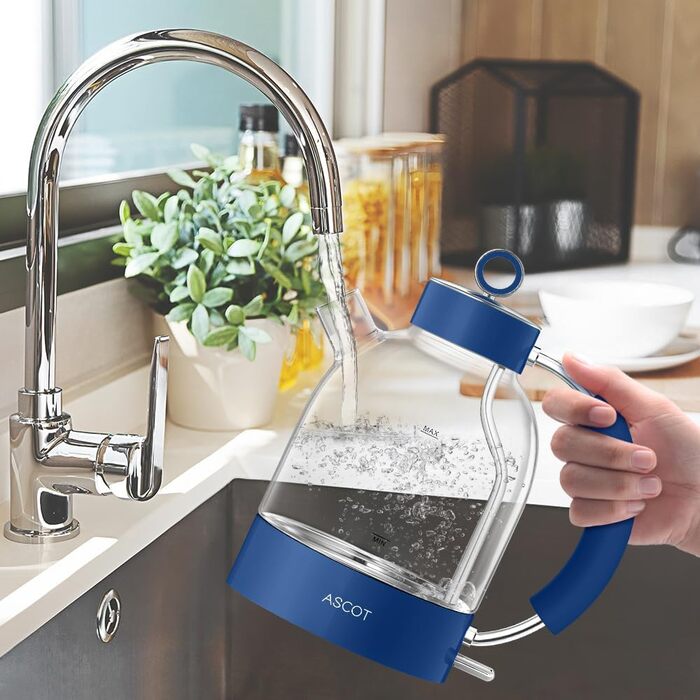 Електричний чайник зі скла ASCOT, 2200W, 1.5L, без BPA, тихий, з функцією автоматичного відключення, білий (класичний блакитний)