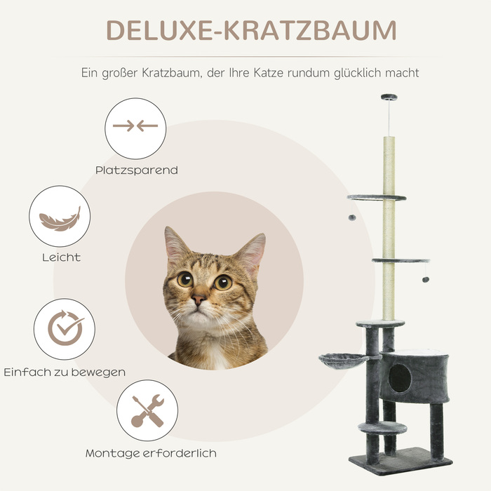 PawHut Дряпка для котів регульована по висоті H220-265 см, витримує до 30 кг, котячий комплекс з опорами для сидіння, іграшковим м'ячиком та боковим ліжком, темно-сірий