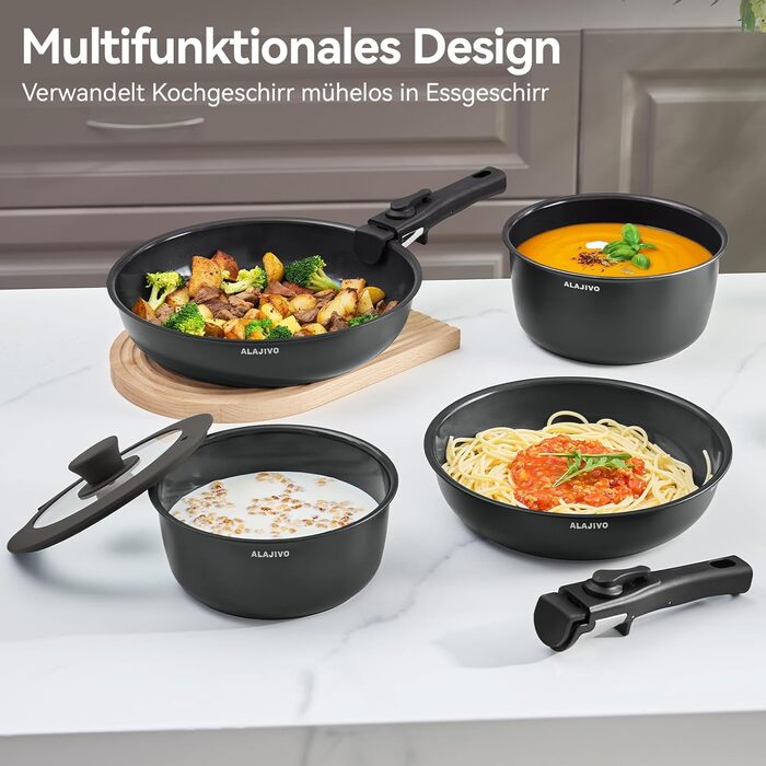 Набір каструль з керамічним покриттям 14 предметів, антипригарне покриття, індукційне дно, 24/28 см сковороди, для всіх типів плит, сумісний з духовкою