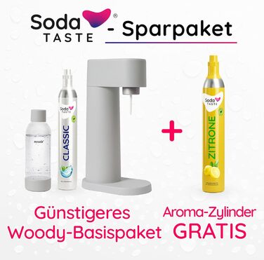 Набір Mysoda Woody: Газований напій вдома - Спрей для води з екологічного дерева, 1л BPA-free пляшка, циліндри CO2 Classic та Lemon (сірий)