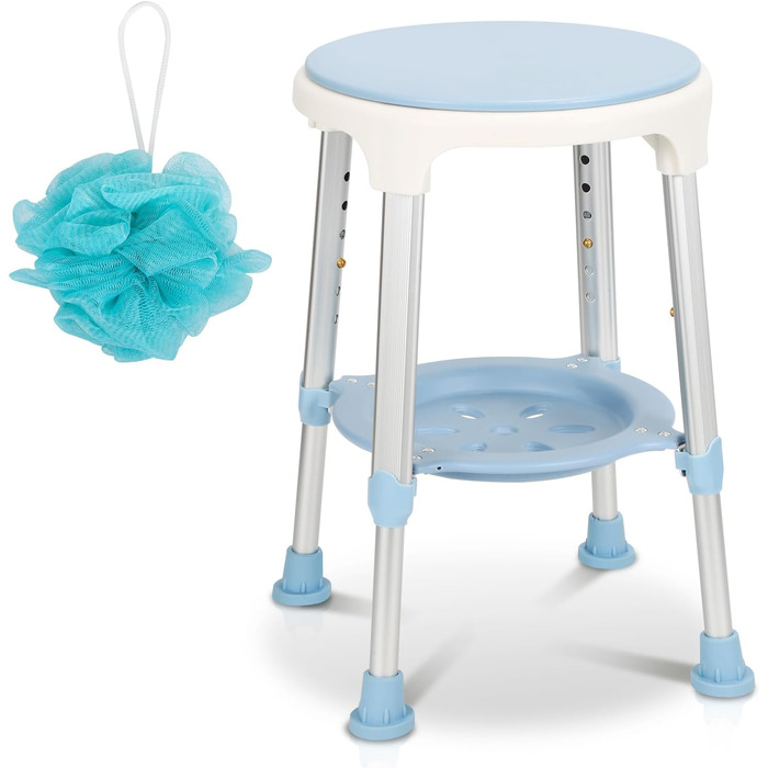Ansobea Shower Stool for Seniors, Bath Stool, 7-Level Height Adjustable, 41-56 cm, Shower Chair with U-Shaped Hygiene Cutout, Bathroom Stool, Stable for the Shower (Type 2 - with Shower Ball)