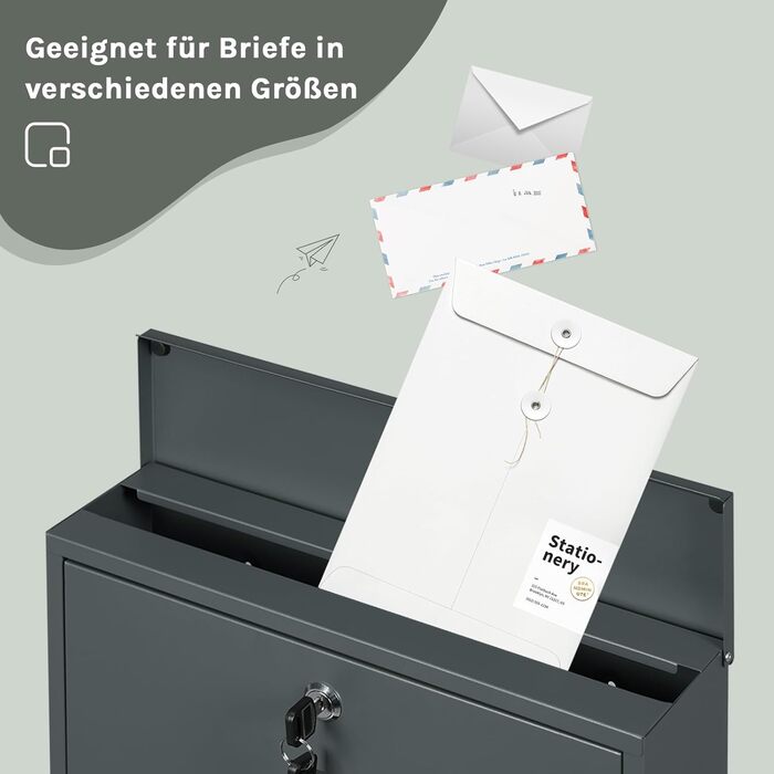 Поштовий ящик WOLTU з газетницею та оглядовим вікном, антрацит, 37x37x10.5 см. Закривається на ключ, з табличкою для імені.