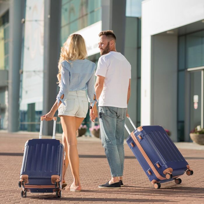 Набір валіз LALAHO 4 шт. з косметичками, з ABS пластику, рожевого кольору (темно-синьо-коричневий, в смужку)