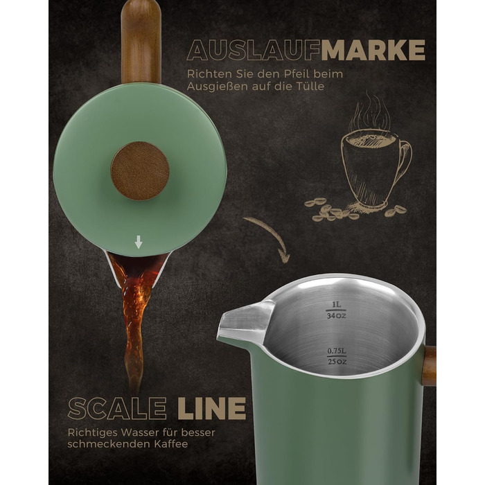 Poliviar French Press Coffee Maker 1 Liter/8 Cups, Double-Walled Insulated Coffee Carafe and Teapot, Manual Filter Coffee Press with Plunger & Wooden Handle, Flatland (Green) JX2020-FPN-DE 1000ml Wild Green