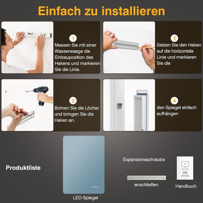 Дзеркало для ванної кімнати з підсвічуванням 50 x 70 см, LED дзеркало з протизапарюючим покриттям, 3 кольори світла, регулювання яскравості, прямокутна форма, сенсорне управління, функція пам'яті, горизонтальне/вертикальне кріплення, без рамки