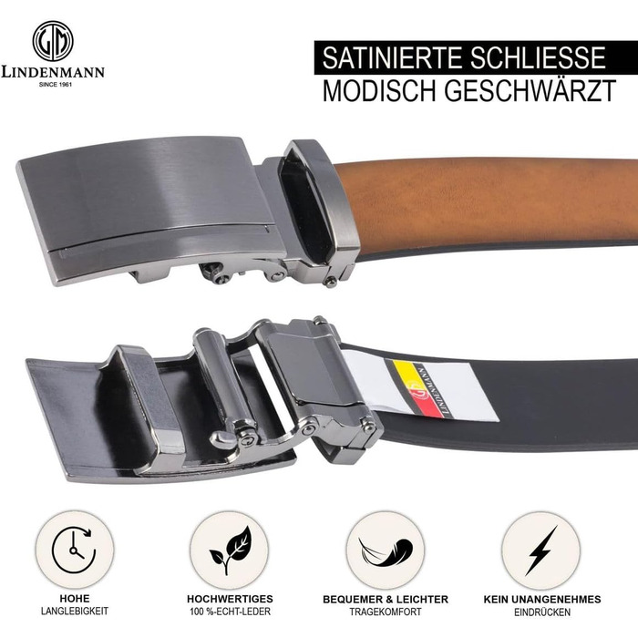 Чоловічий шкіряний ремінь Lindenmann Automatik, колір коньяк, розмір 105/120 см