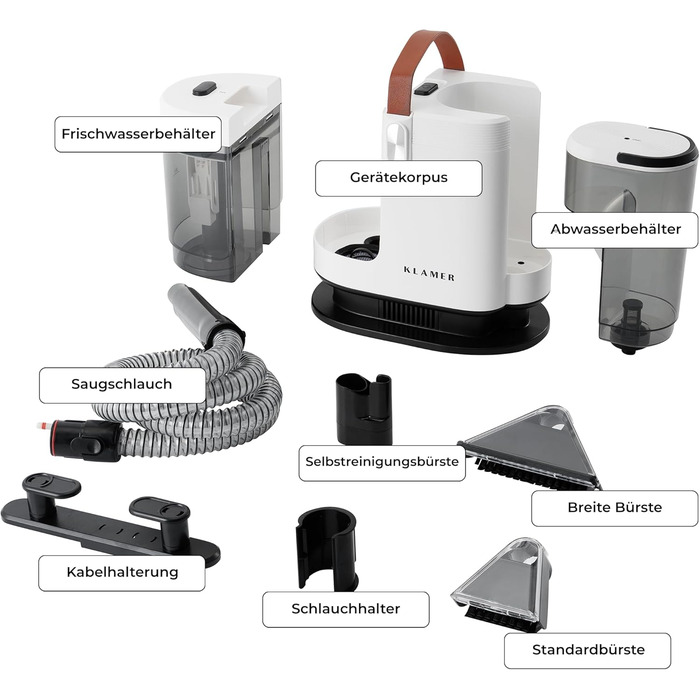 KLAMER Пилосос миючий для м'яких меблів та килимів 500W, 2-баковий, 1.6л, 15 кПа, з функцією самоочищення