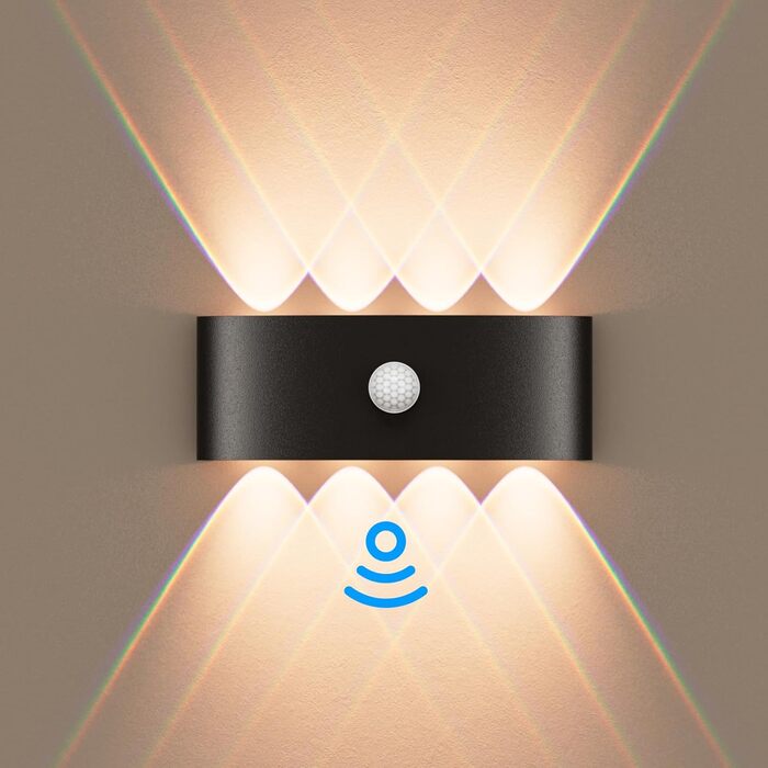 Світлодіодна бра для стін Kinamy з датчиком руху, 8W, IP65, вологостійка, для дому та саду (2 шт., чорний)