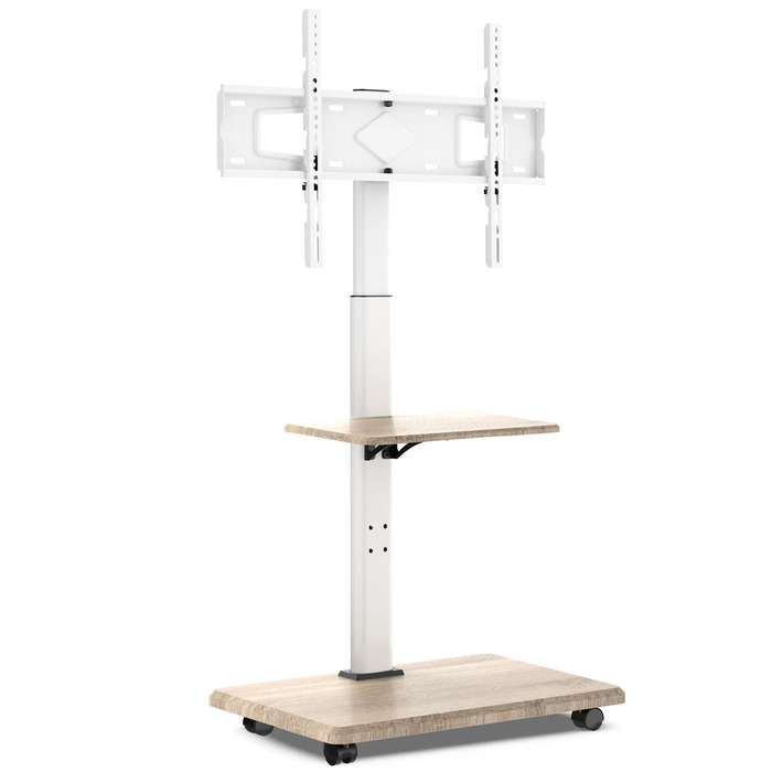Підставка для телевізора Delphos Mobiler TV Stand - роликова, з дерев'яною основою, для телевізорів 32-70 дюймів, до 45 кг, регульована висота до 130 см, поворотна ±25°, VESA 600x400, біла