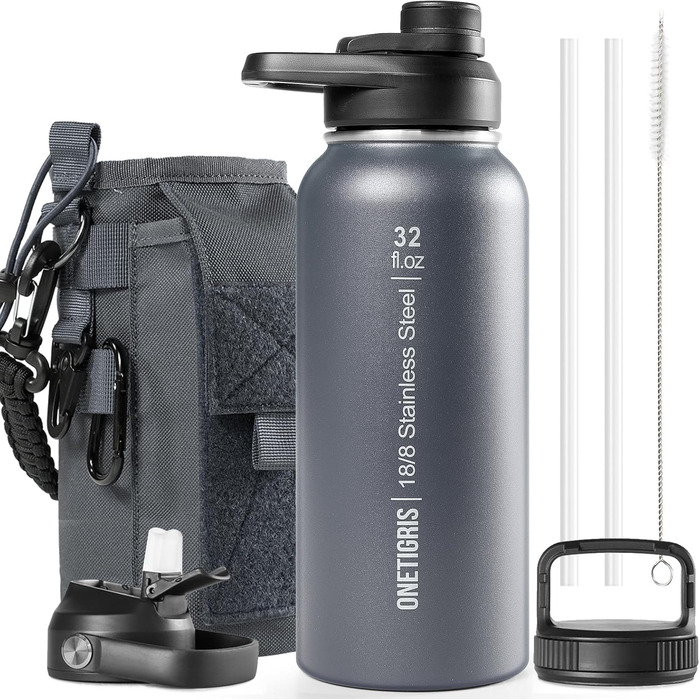 OneTigris Stainless Steel Water Bottle, 0.9L High Capacity, Insulated Sports Bottle for Cycling, Camping, Yoga, Gym, Softair, 32OZ (Gray)