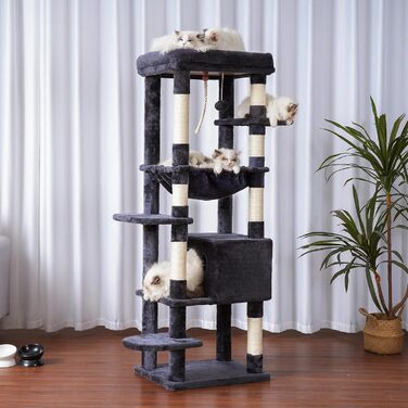 Котячий будиночок Heybly Kratzbaum з декою, для великих котів, котячий комплекс, великі платформи, гніздо, 50 x 50 x 153 см, HCT050MU (димно-сірий)