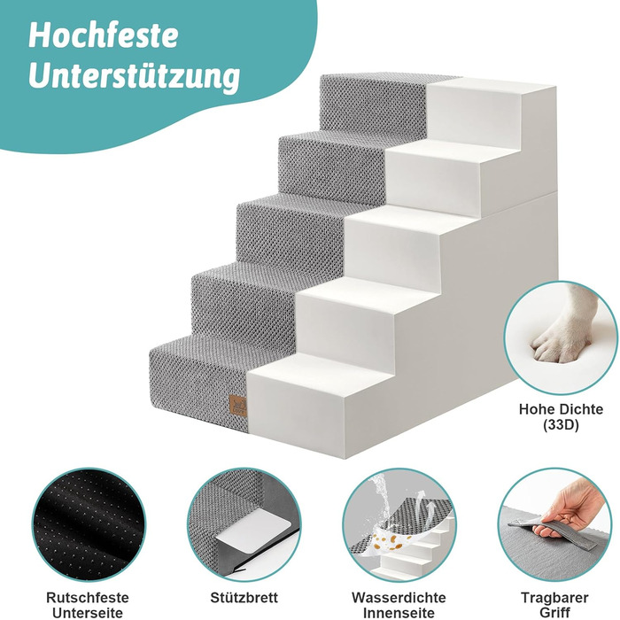 Сходи для собак, 5 сходинок, з щільного пінополіуретану, для ліжка, дивану, софи, 60 см, знімна, для котів та літніх/травмованих собак (сірий, 50x75x60, 5)
