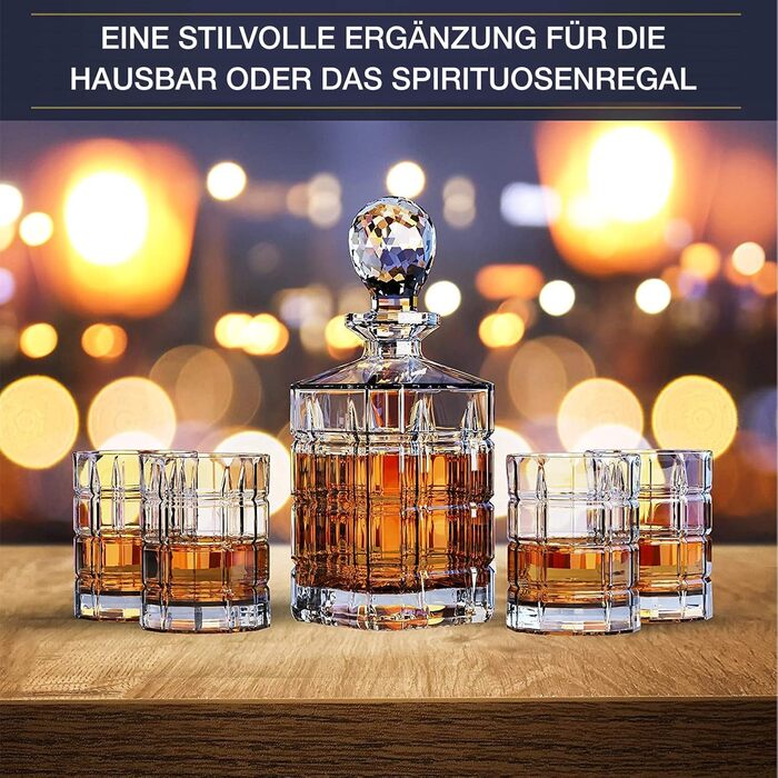 Regal Trunk & Co. Whisky Kristallgläser Set with Decanter - Set of 4 Square-Engraved Tumblers and Carafe - Crystal Whisky Decanter Set for Bourbon and Scotch - Includes Gift Box and Polishing Cloth