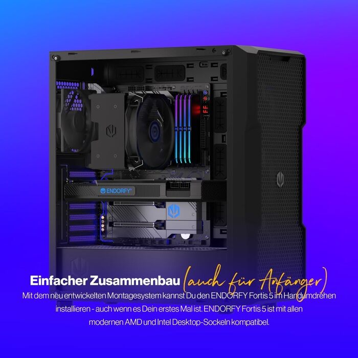 Охолоджувач процесора ENDORFY Fortis 5 з вентиляторами 140 мм та 120 мм, підтримка AM4/AM5/LGA1700/LGA1200, напівпасивний режим
