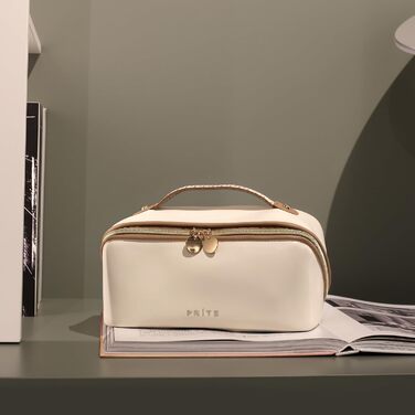 Косметичка велика містка для подорожей, водонепроникна з PU-шкіри, з прозорими перегородками та ручкою, бежева