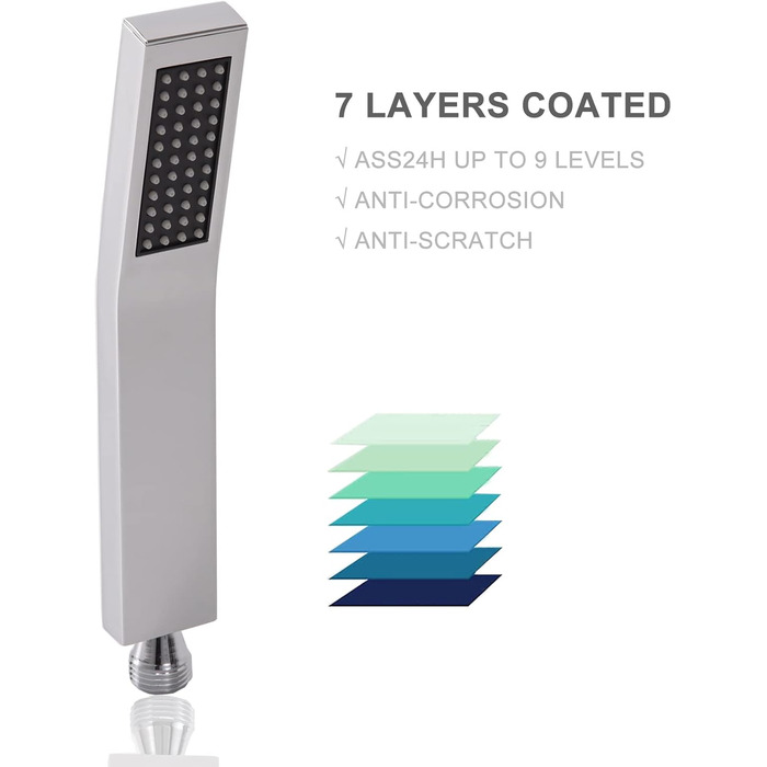Shower head with hose 1.5m, high-pressure handheld shower with hose, brass fixed shower head with hose, water-saving shower head with pressure boosting for higher water pressure, with 1 jet type (square)