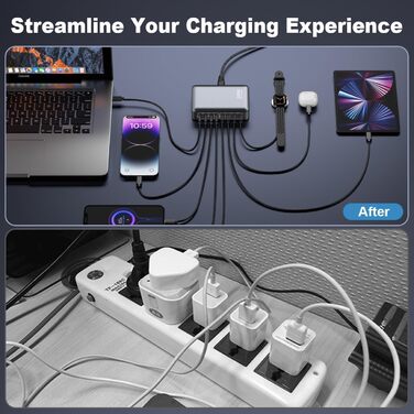 Зарядний пристрій USB-C 200W, 8 портів GaN, швидка зарядка PD 65W для ноутбука MacBook/Dell/Steam Deck, iPhone 17/16/15/14, Galaxy S24/S23 (чорний)